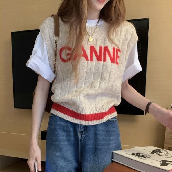 Áo Dệt Kim Sát Nách Dáng Rộng In Chữ Thời Trang Mới Cho Nữ