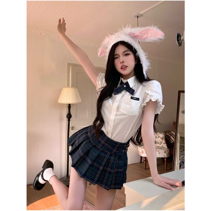 Bộ Áo Sơ Mi Ngắn Tay + Chân Váy Xếp Ly Lưng Cao Thời Trang Cho Nữ