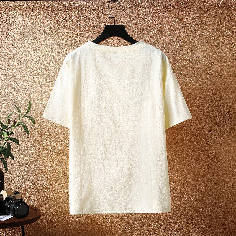 Áo Thun Cotton Lanh Tay Ngắn Cổ Tròn Dáng Rộng Màu Sắc Đơn Giản Phong Cách Retro Trung Hoa Cho Nam Giới510