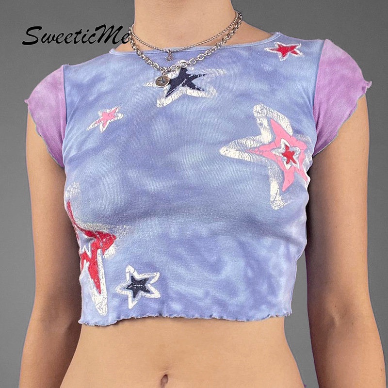 Áo Thun Crop Top Tay Ngắn Cổ Tròn Dáng Ôm In Họa Tiết Ngôi Sao Màu Tương Phản Thời Trang 2023 Cho Bạn Gái