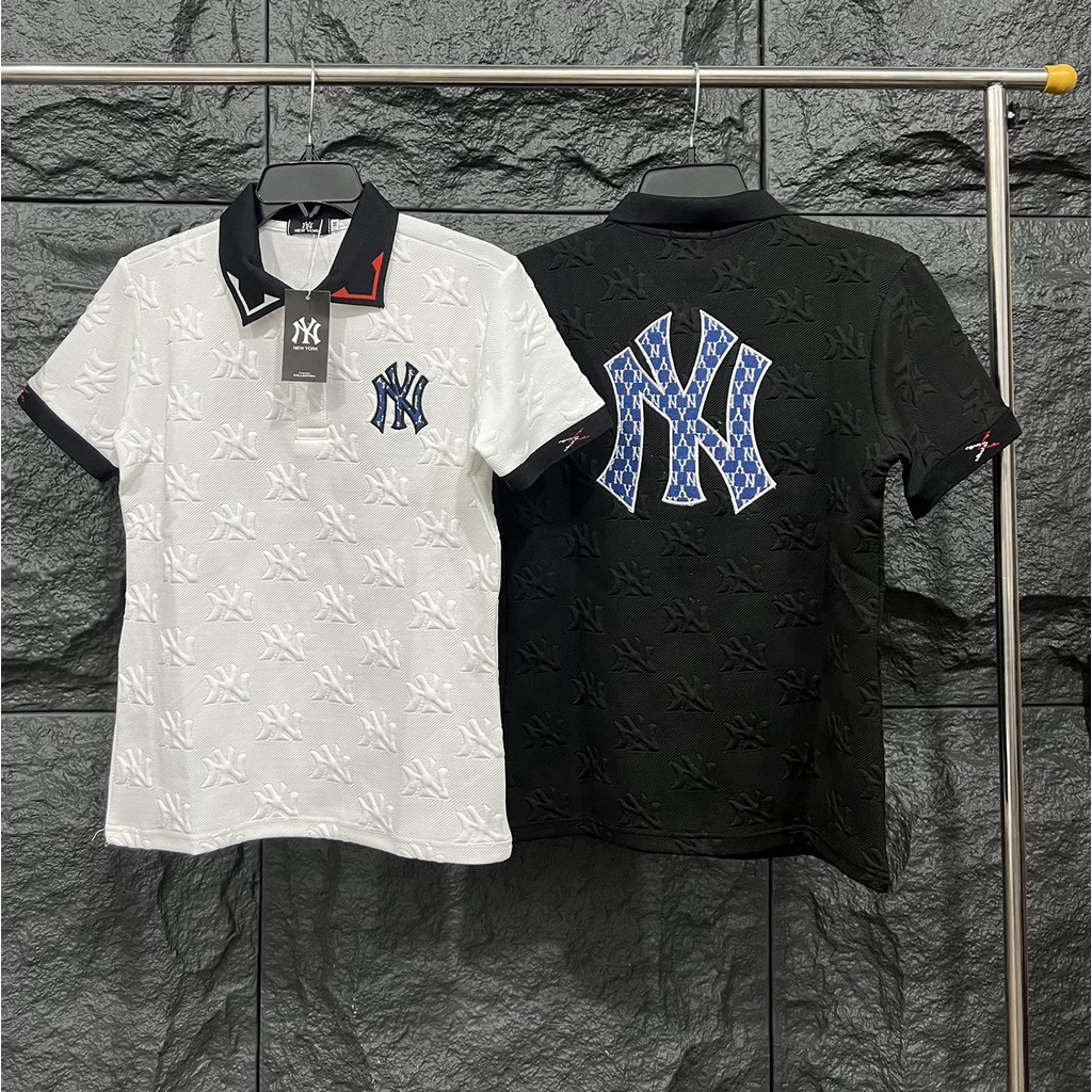 Áo Thun Nam Tay Ngắn Có Cổ Dập Vân Nổi Hoa Văn Thêu Chữ NY, Chất Thun Cotton