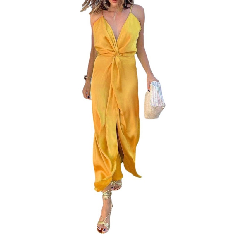 Đầm Hai Dây Cổ Chữ V Khoét Sâu Màu Trơn Hở Lưng Quyến Rũ Dành Cho Nữ