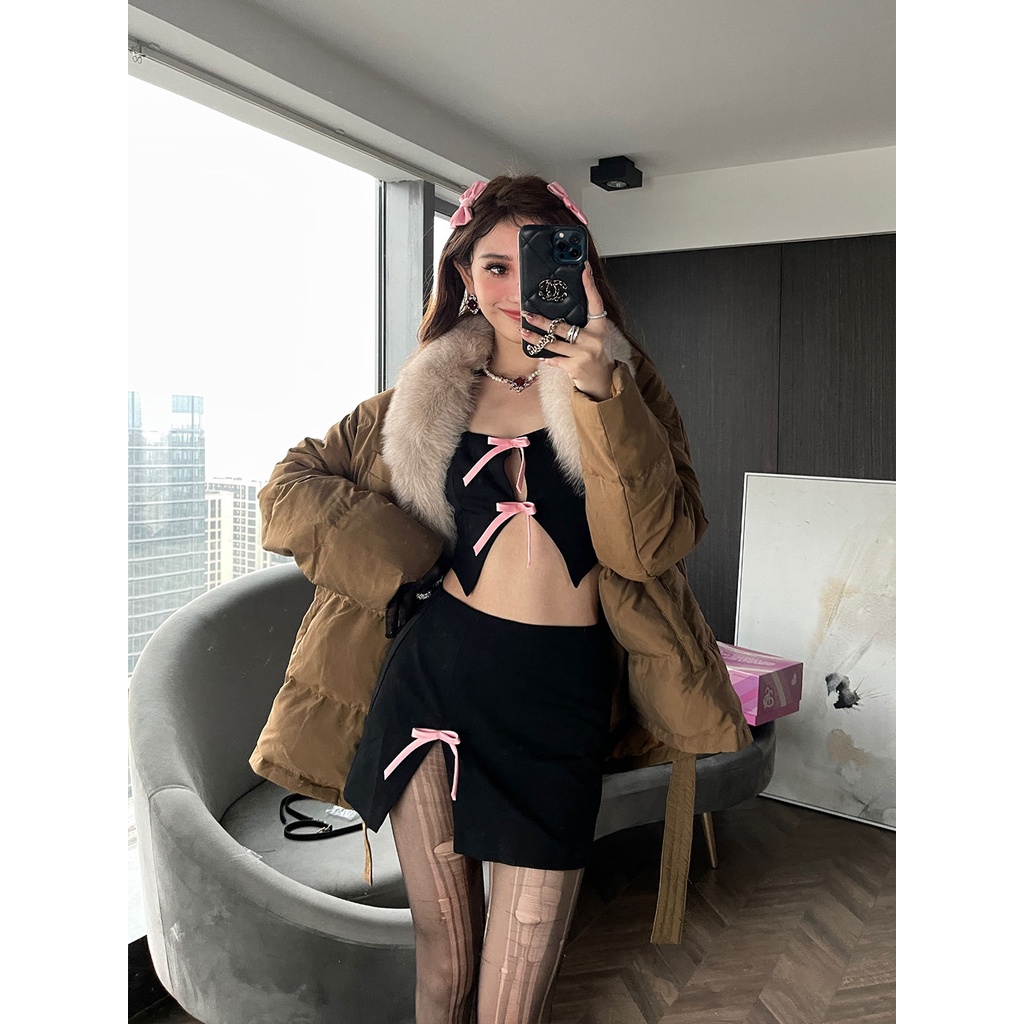 Bộ Áo Sát Nách Đính Nơ + Chân Váy Ôm Hông Quyến Rũ Cho Nữ