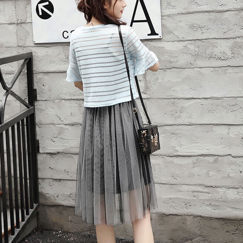 Bộ Đầm Hai Dây Phối Lưới Ôm Eo Cỡ Lớn Thời Trang Mùa Hè