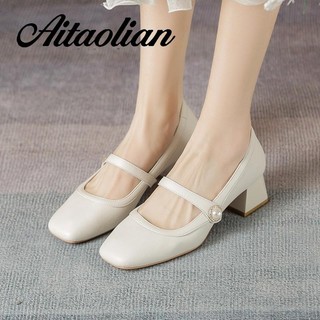 Giày Cao Gót 4cm Da Mềm Mũi Vuông Kiểu retro Anh Xinh Xắn Cho Nữ