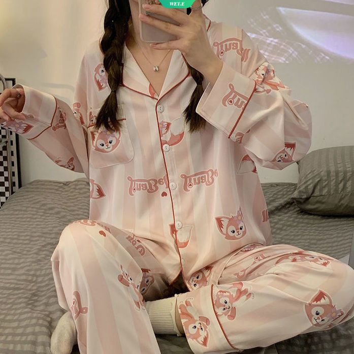 Bộ Đồ Ngủ Tay Dài Dáng Rộng In Họa Tiết Hoạt Hình Kiểu Hàn Quốc Thời Trang Xuân Thu Cho Nữ