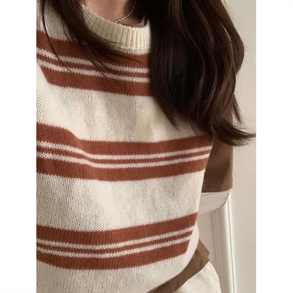 Áo Dệt Kim Sát Nách Cổ Tròn Dáng Rộng Họa Tiết Kẻ Sọc Thời Trang Mùa Thu Mới Cho Nữ