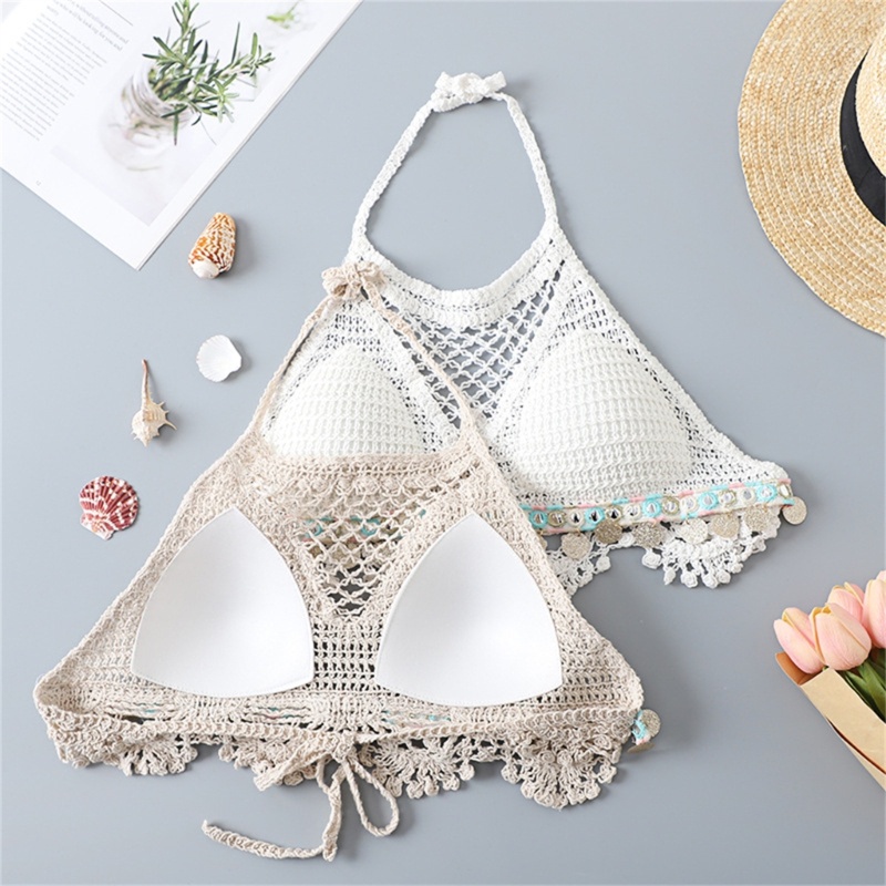 Áo Croptop Màu Trơn Đan Móc Thủ Công Thời Trang Đi Biển Mùa Hè