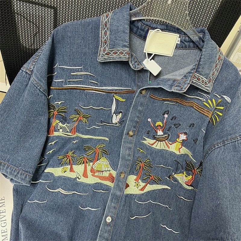 Áo Sơ Mi Denim Tay Ngắn Thêu Họa Tiết Hoạt Hình Phong Cách Nhật Bản Dành Cho Nam Nữ