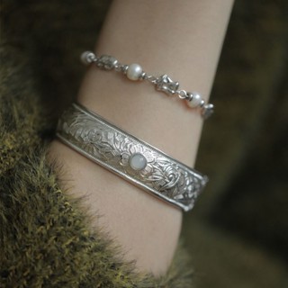 Miyan S925 Vòng Tay Bạc Đường Họa Tiết Cỏ Chalcedony Phong Cách Trung Hoa Vòng Tay Mặt Rộng Hoa Nổi Mờ Vòng Tay Thiết Kế Niche Thời Trang Nữ
