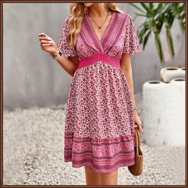 Đầm Dáng Chữ A Tay Ngắn Cổ Chữ V Thoáng Khí Thân Thiện Với Làn Da Họa Tiết Hoa Phong Cách Boho Cho Nữ