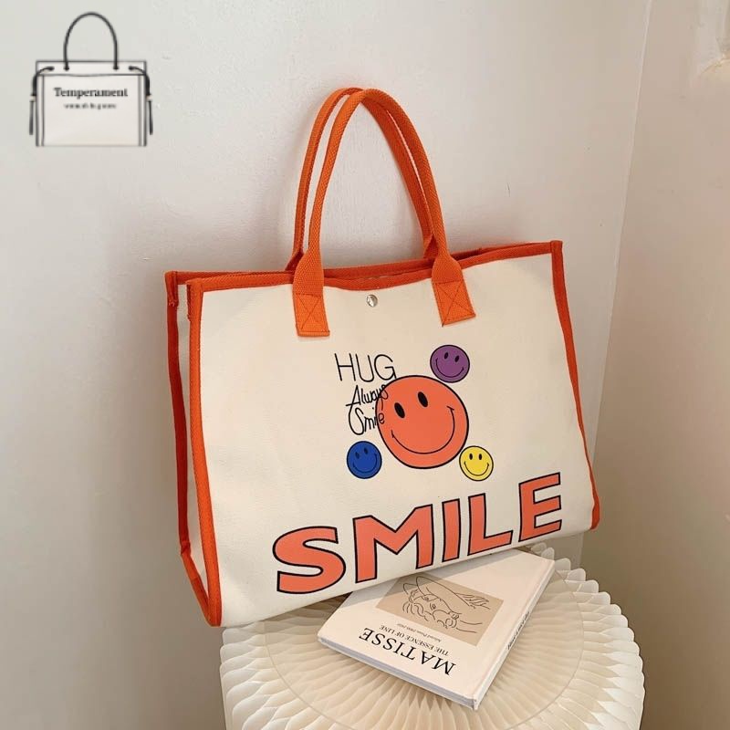 Túi Tote Đeo Vai Mùa Hè 2023 Bằng Vải Bạt In Họa Tiết Mặt Cười Phong Cách Mới Dễ Phối Đồ Cho Nữ