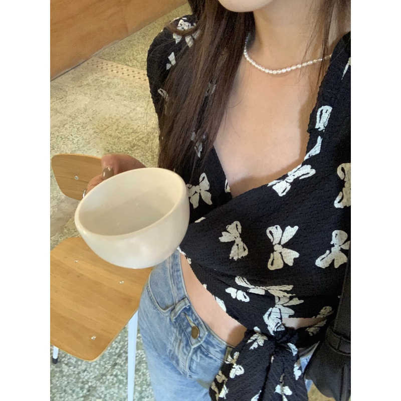 SUXI Áo Sơ Mi Chiffon Tay Ngắn Dáng Ôm In Họa Tiết Thắt Nơ Kiểu Vintage Xinh Xắn