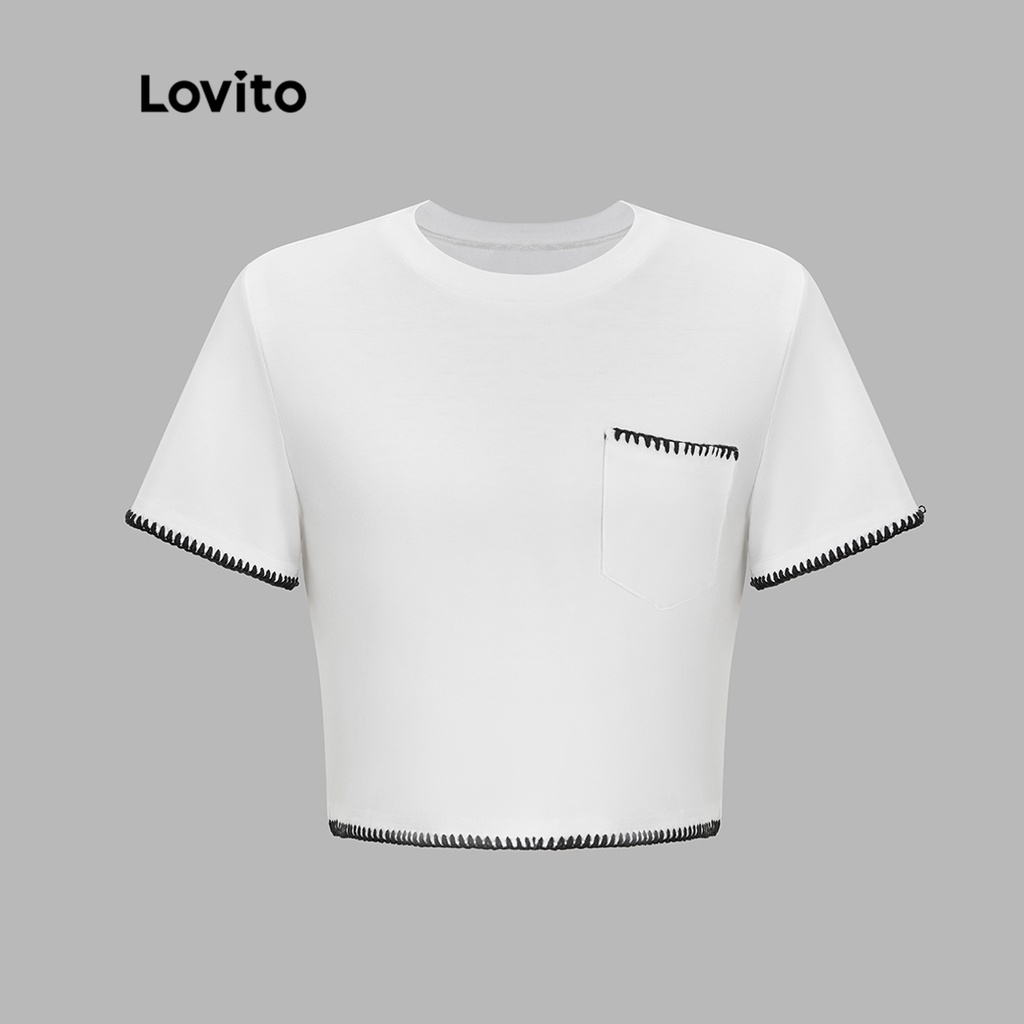 Áo thun Lovito màu trơn phối viền tương phản phối túi cơ bản phong cách thường ngày dành cho nữ L52AD023 (trắng)