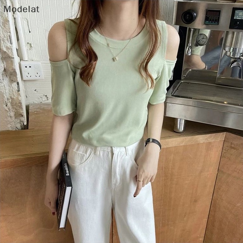 Áo Thun Tay Ngắn Cổ Tròn Hở Vai Màu Trơn Thời Trang Mùa Hè Cho Nữ