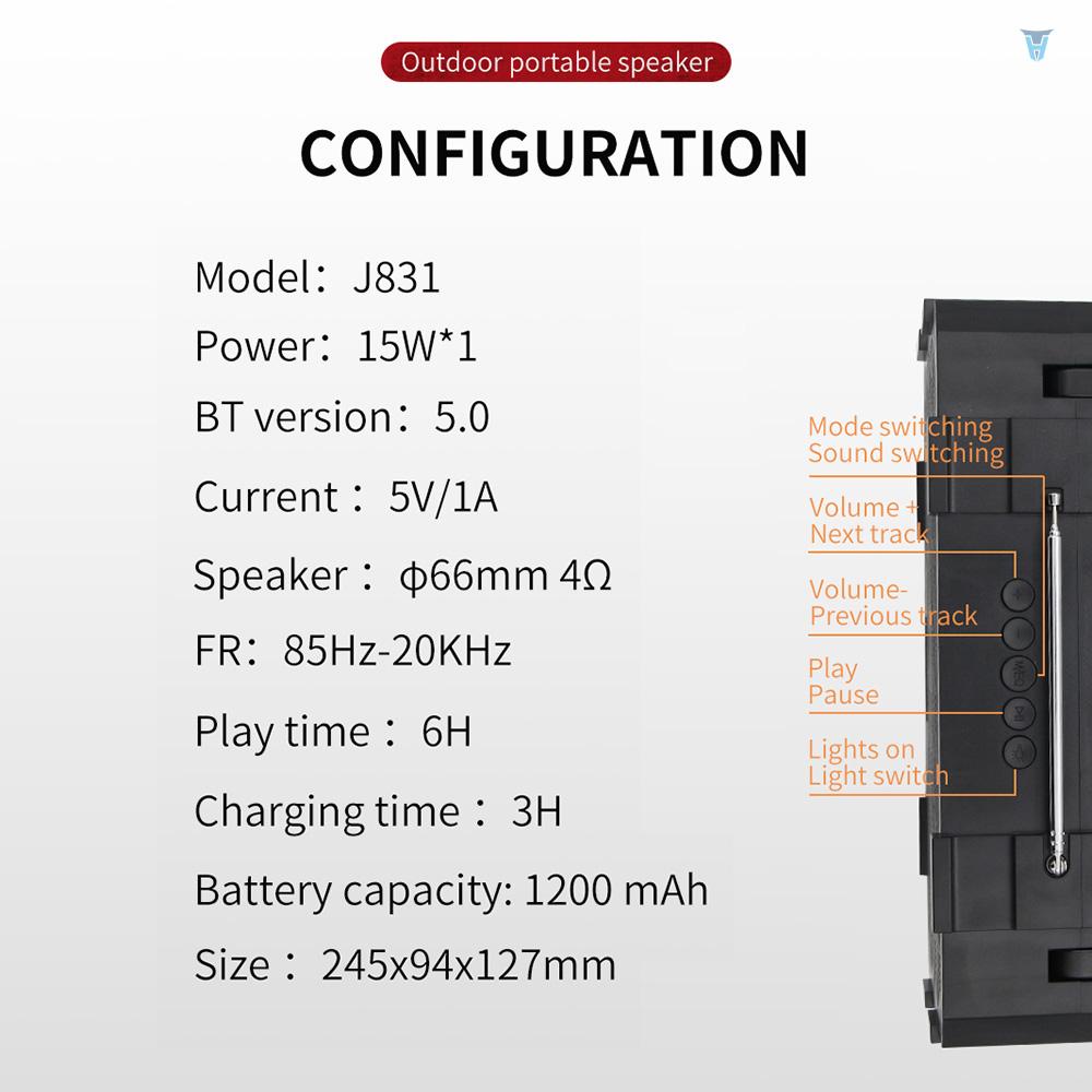 Loa Bluetooth 5.0 J831 Không Dây Có Đèn Pin Hỗ Trợ AUX TF Cổng USB Cho Hoạt Động Ngoài Trời