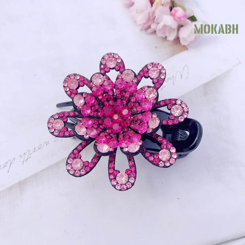 Kẹp Tóc Ba Răng Chống Trượt Họa Tiết Hoa Đính Đá Lấp Lánh Thanh Lịch