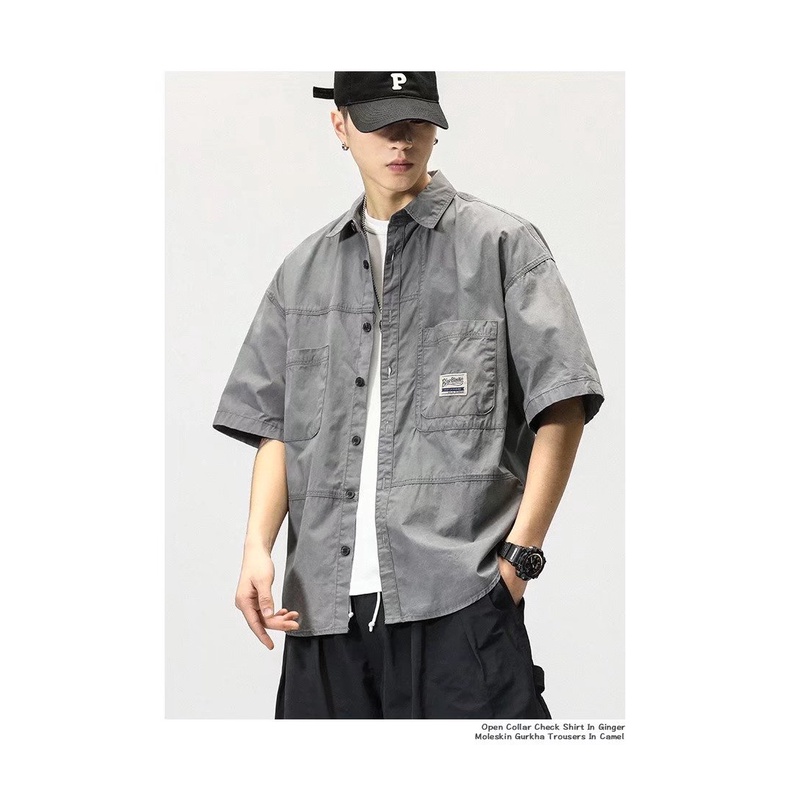 Áo Sơ Mi Tay Lửng Dáng Rộng Phong Cách Retro Nhật Bản Giản Dị Dành Cho Nam