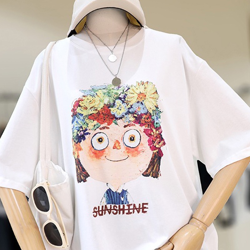 Áo Thun 100% Cotton Tay Ngắn Cổ Tròn In Họa Tiết Phong Cách Hàn Quốc Cho Nữ