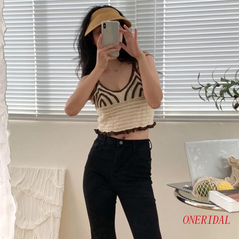 Áo Croptop Dệt Kim Hai Dây Kẻ Sọc Kiểu Vintage Đường Phố Hàn Quốc Thời Trang Mùa Hè Cho Bạn Gái