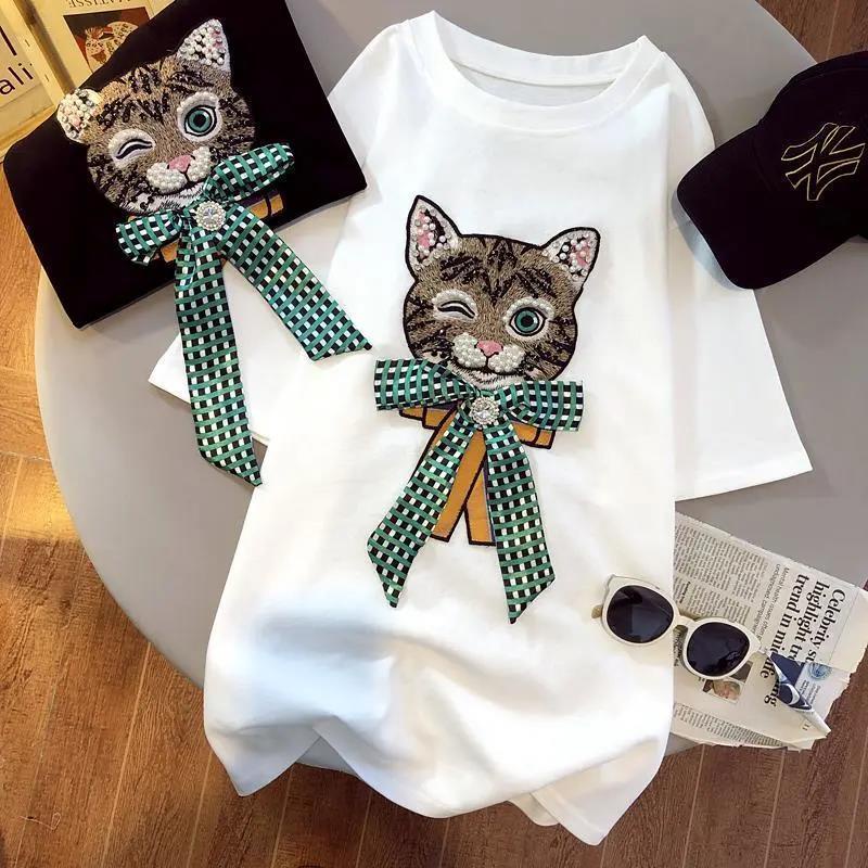 Áo thun cotton mùa hè nạm hạt đinh kim cương, mèo, nơ ngắn tay, áo khoác rộng thùng thình