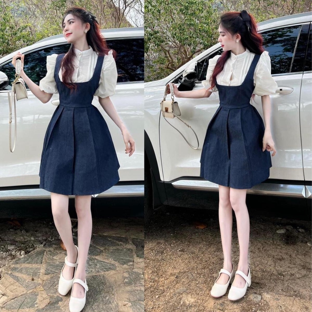 Set đầm yếm xanh dài trên gối xếp ly mix áo sơ mi trắng tay ngắn cổ tròn nút gài