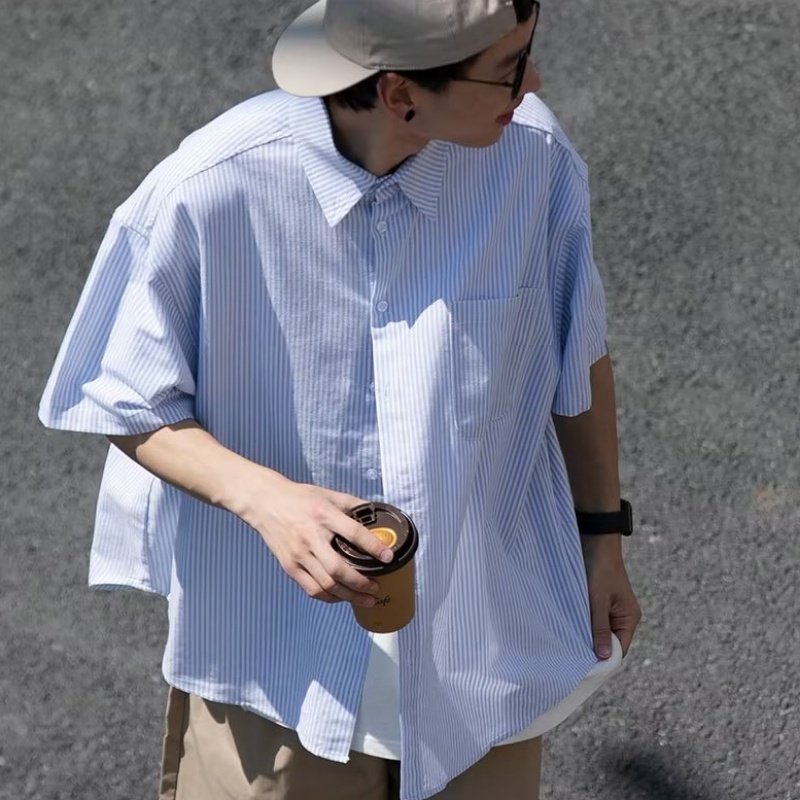 Áo Sơ Mi Tay Ngắn Dáng Rộng Vải Cotton Họa Tiết Kẻ Sọc Phong Cách Nhật Bản Cao Cấp