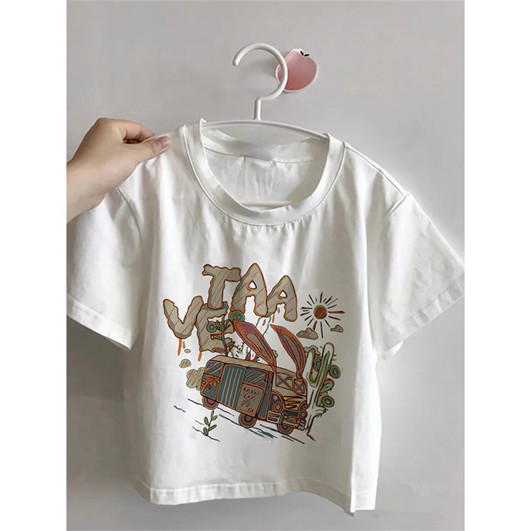 Áo Thun 100% Cotton Tay Ngắn Cổ Tròn Eo Cao Thời Trang Mùa Hè Phong Cách Hàn Quốc Cho Nữ