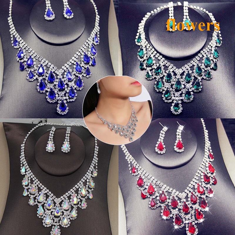 Bộ Trang Sức Vòng cổ Và Bông Tai Đính Kim Cương Pha Lê Cao Cấp Dành Cho Cô Dâu