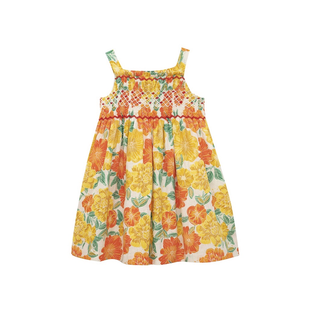 Váy đầm smock bé gái mùa hè linen cao cấp  thêu móc xích tiểu thư 2 dây