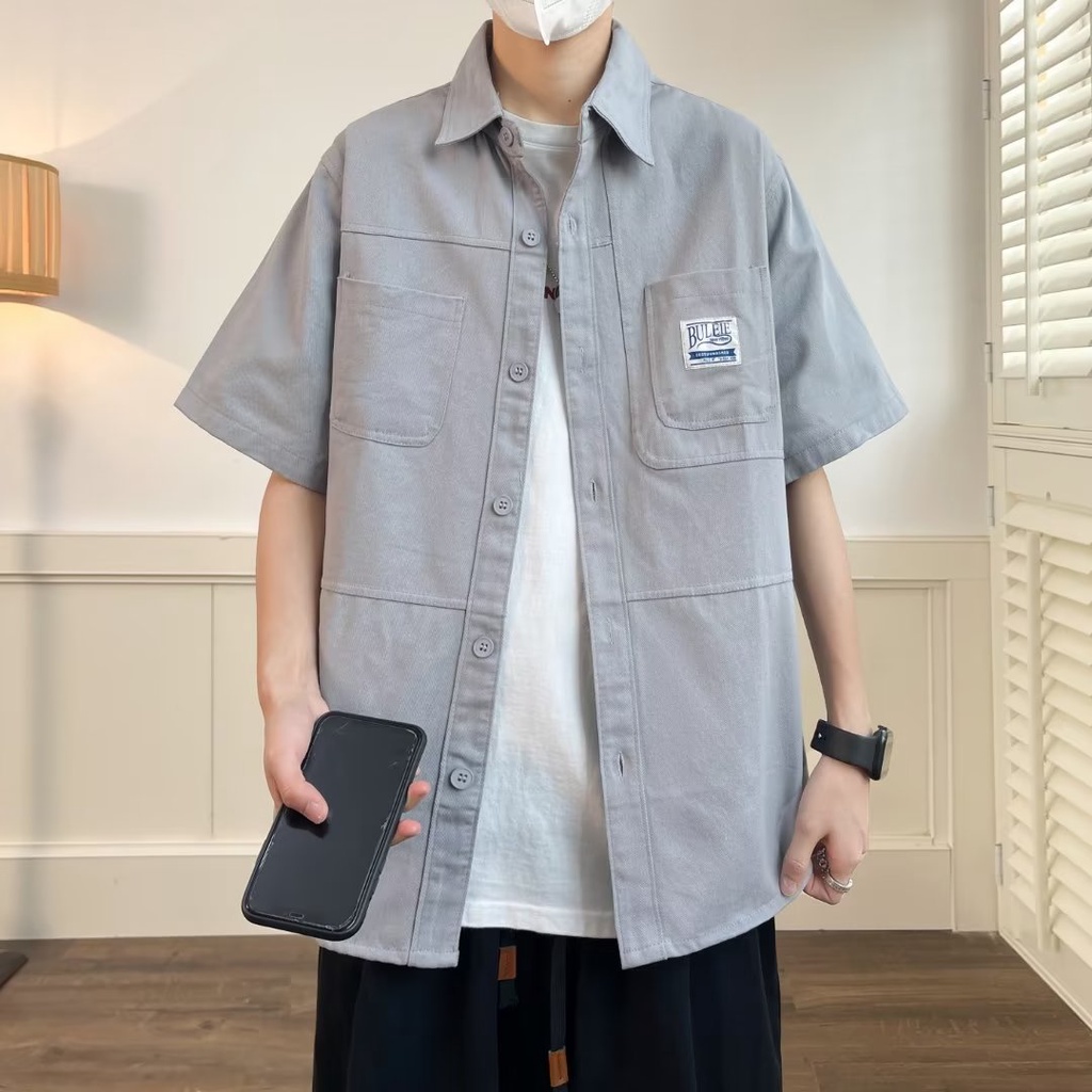 Áo Sơ Mi Cotton Tay Ngắn Dáng Rộng Phối Túi Phong Cách Vintage Cho Nam Giới Có Size M-8XL