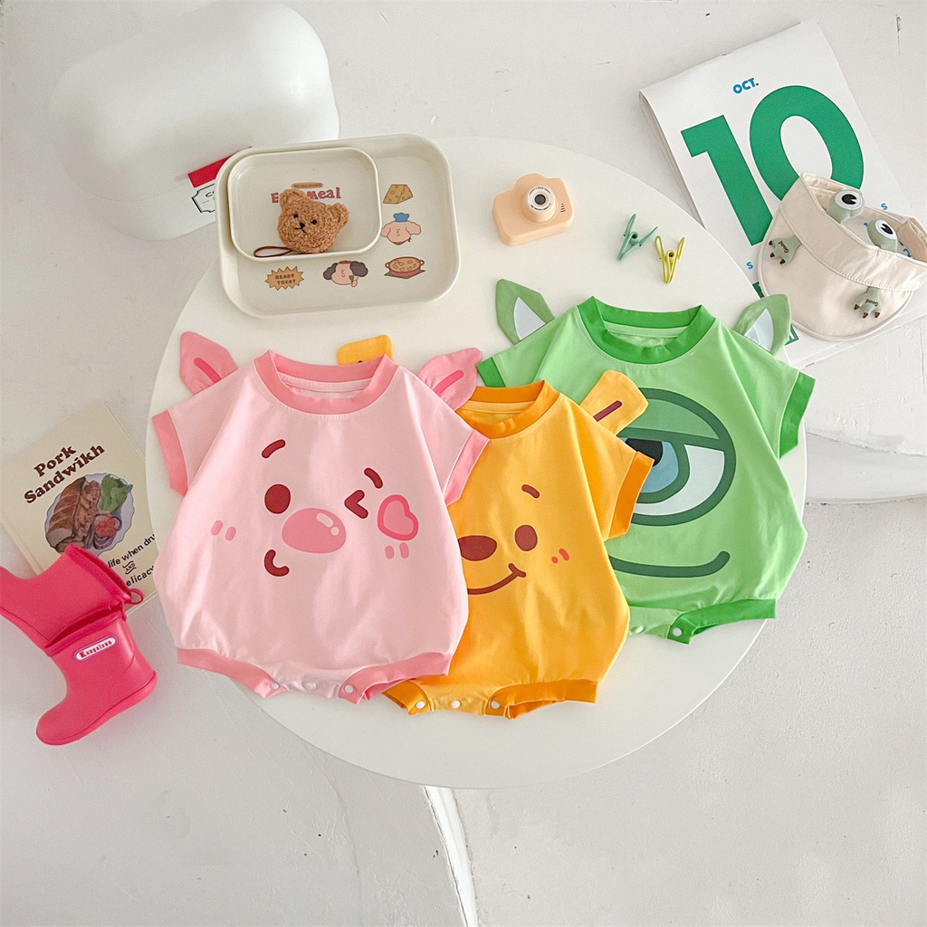 Áo Liền Quần Bằng Cotton Tay Ngắn In Họa Tiết Động Vật Hoạt Hình Đáng Yêu Dành Cho Bé Trai Gái 0-24