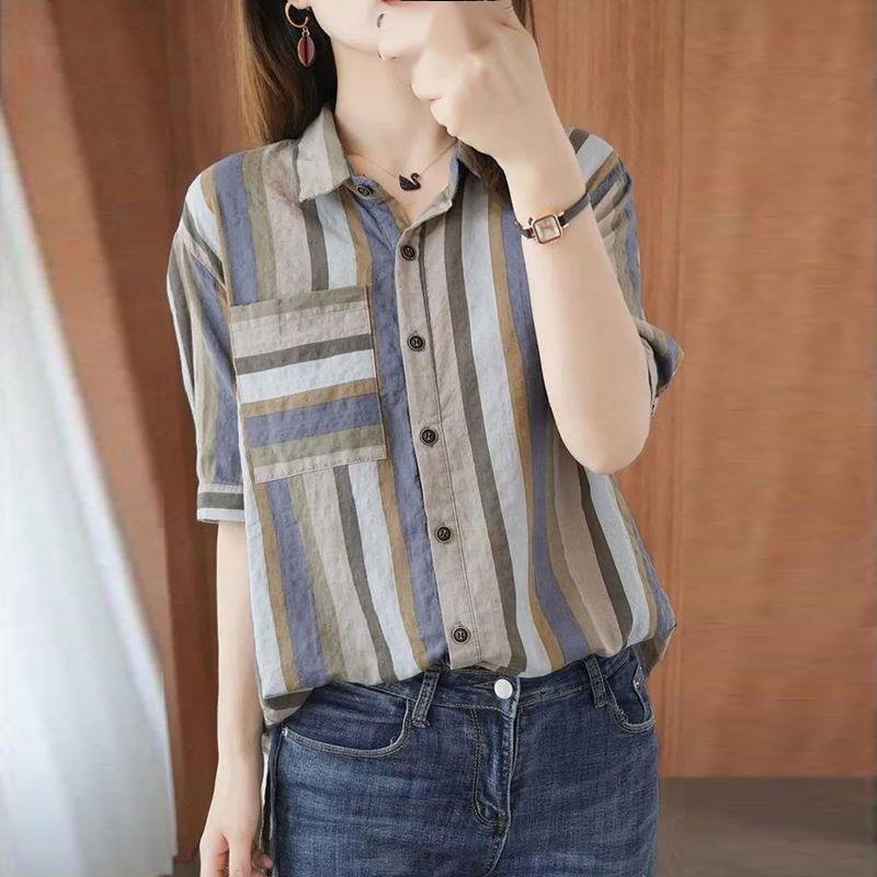 Áo Sơ Mi Cotton Lanh Tay Ngắn Dáng Rộng Màu Sắc Tương Phản Cổ Điển Thời Trang Mùa Hè Cho Nữ