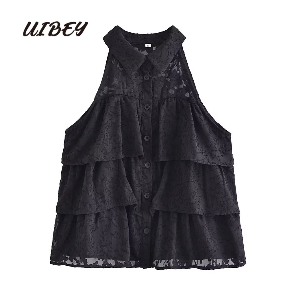 Uibey Áo Sơ Mi Vải Jacquard Không Tay Cổ Bẻ Xếp Chồng Lên Nhau 67191