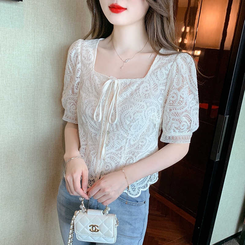 Áo Sơ Mi Chiffon Tay Ngắn Phối Ren Thời Trang Mùa Hè 2023 Phong Cách Mới Cho Nữ