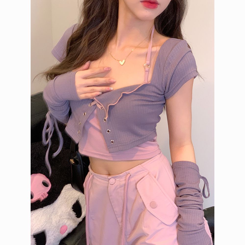 COZOK Bộ Áo cardigan Ngắn Tay + Áo Sát Nách Thời Trang Quyến Rũ Cho Nữ