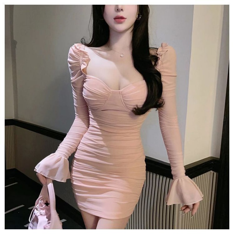 New pure style tight long-sleeved dress mesh with chest pad square collar tight skirt horn sleeve pleated hip sexy skirt