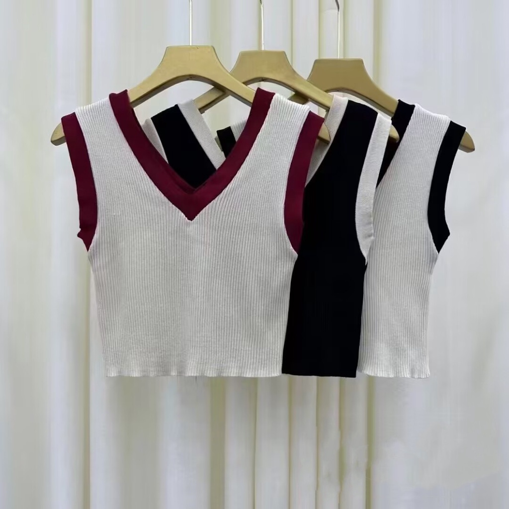 SUXI Áo Tank Top Dệt Kim Cổ Chữ V Màu Sắc Tương Phản Phong Cách Vintage Dành Cho Nữ