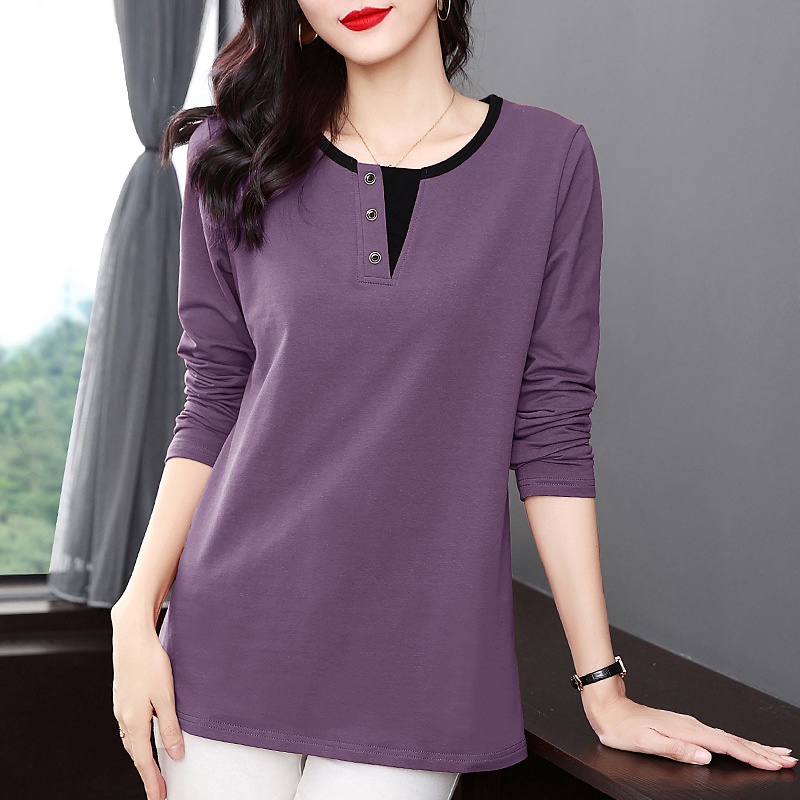 Áo sơ mi trung niên thời trang cổ tròn dài tay nữ áo phông big size trung niên nữ