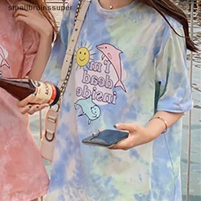 Áo Thun Ngắn Tay Cổ Tròn Dáng Rộng In Màu Nhuộm Thời Trang Mùa Hè Cho Nữ