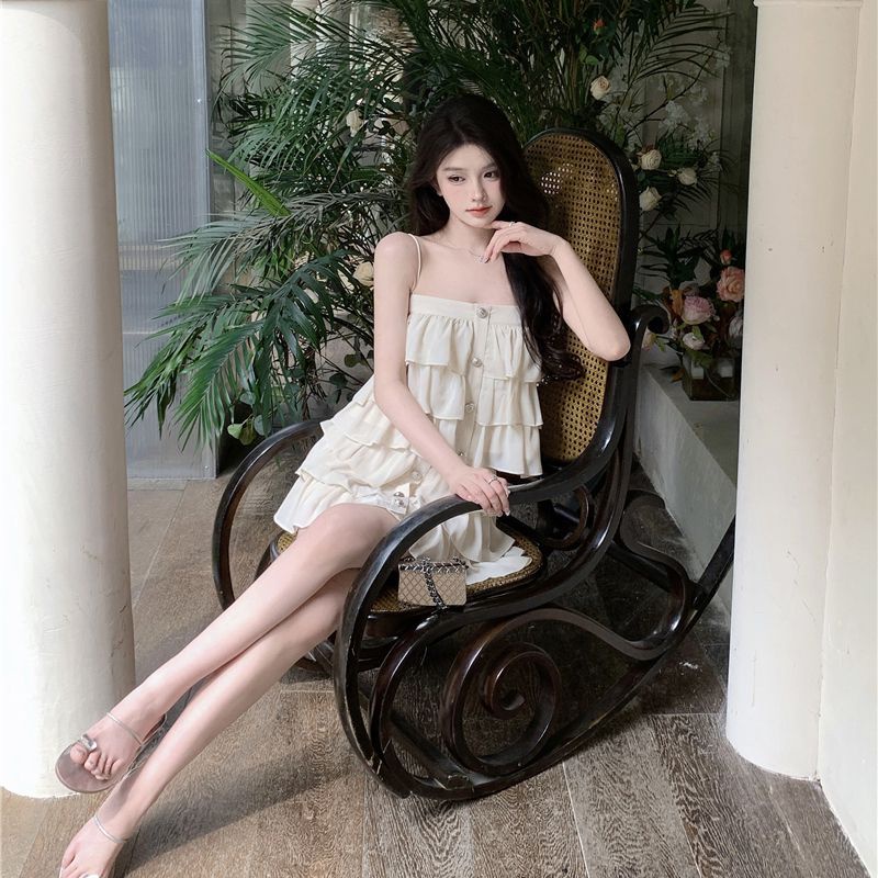 Bộ Áo Hai Dây Phối Bèo + Chân Váy Lưng Cao Xếp Tầng Thời Trang Mùa Hè Cho Nữ