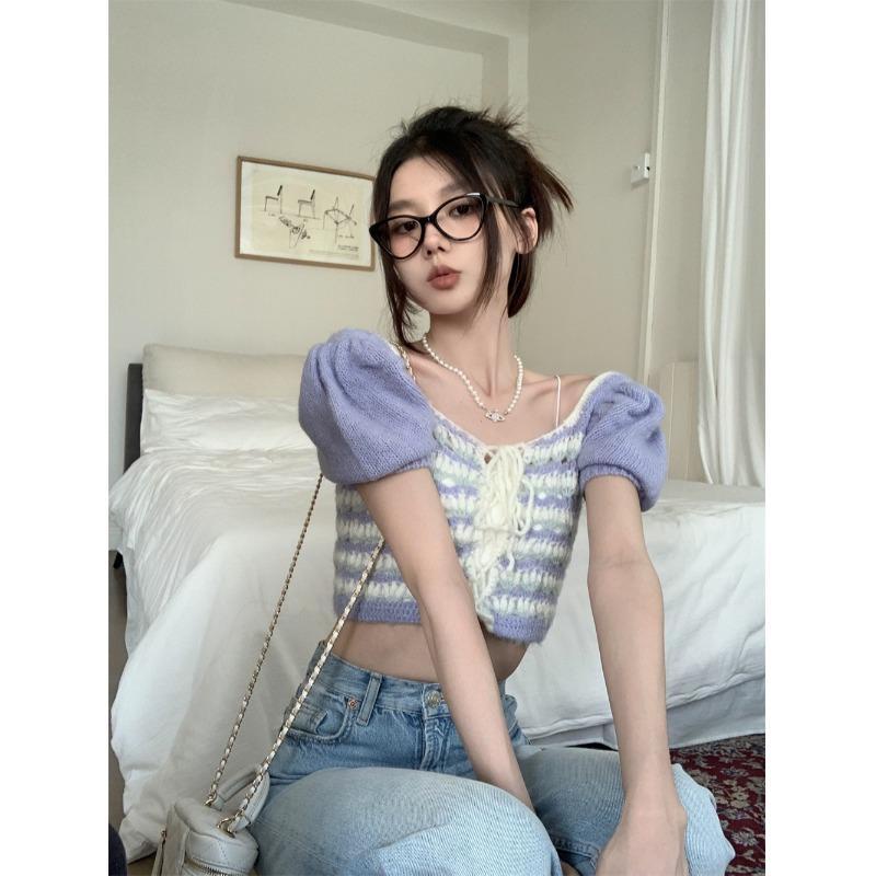 [F &amp; X] Áo Sweater Tay Phồng Cổ Vuông Thắt Dây Phong Cách Pháp Thanh Lịch Mùa Hè Cho Nữ