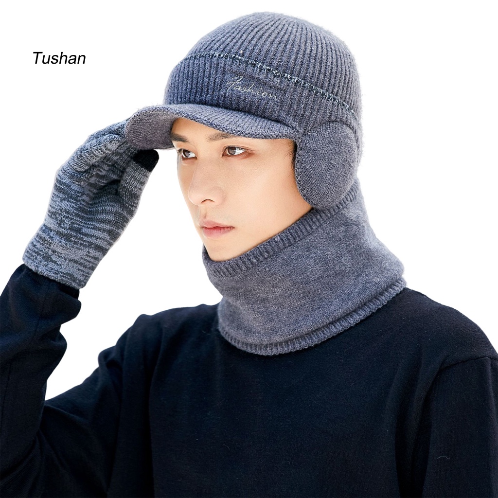 Set 1 / 2 Mũ Lưỡi Trai Kèm Khăn Choàng Cổ Dệt Kim Dày Dặn Giữ Ấm Mùa Đông Cho Nam