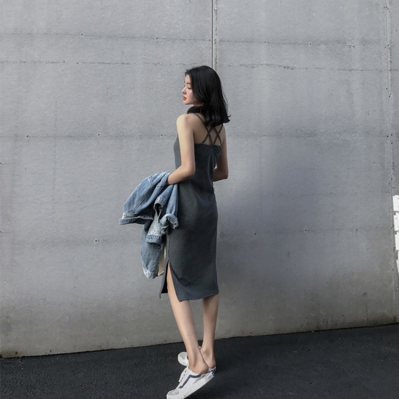 Đầm Hai Dây Cổ Tròn Dáng Chữ A Màu Đen Phong Cách Hàn Quốc Thời Trang Quyến Rũ Cho Nữ