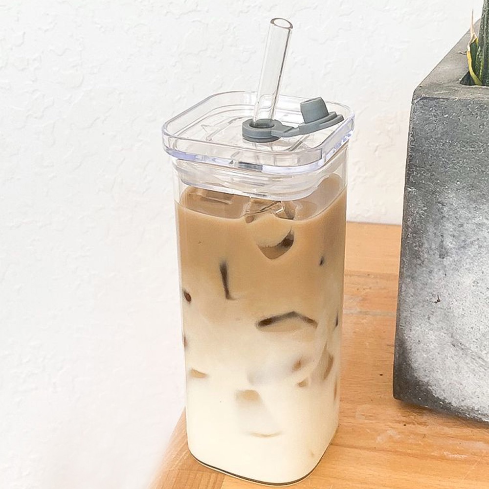 Ly Thủy Tinh Uống Cà Phê 400ML Có Nắp Và Ống Hút Tiện Dụng