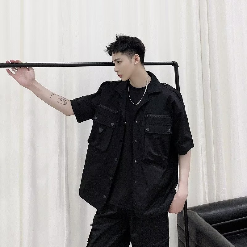 Áo Sơ Mi Ngắn Tay Dáng Rộng Nhiều Túi Phong Cách Đường Phố Nhật Bản Cá Tính Dành Cho Nam