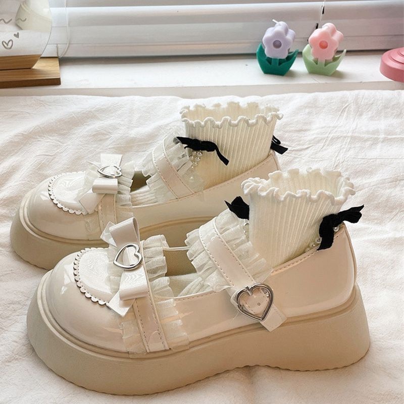 Giày nữ Lolita Da Đế Dày Đính Nơ Phong Cách Lolita Mary Jane vòng đầu giày đen