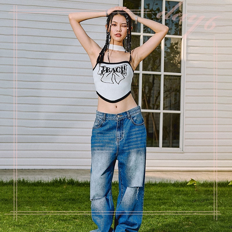 Áo Croptop In Chữ Thắt Nơ Phong Cách Retro Mỹ Cho Nữ