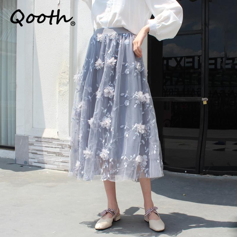 Qooth Nữ Trung Dài Hoa Tiên Váy Voan Thanh Lịch Cao Cấp Phối Lưới Váy Chữ A Cho Xuân Hè QT2125