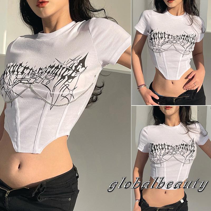 Áo Thun Croptop Tay Ngắn Cổ Tròn In Chữ Phối Dây Xích Kim Loại Ôm Dáng Cá Tính Cho Nữ